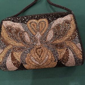 Elegant Beaded Evening Bag with satin rope shoulder strap